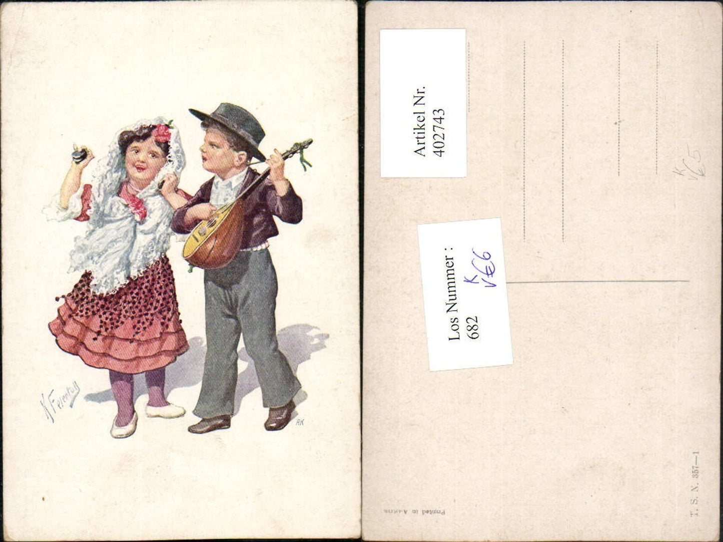 402743,Künstler AK Karl Feiertag Kinder Liebe Paar Mandoline pub Theo Stroefer 357/1