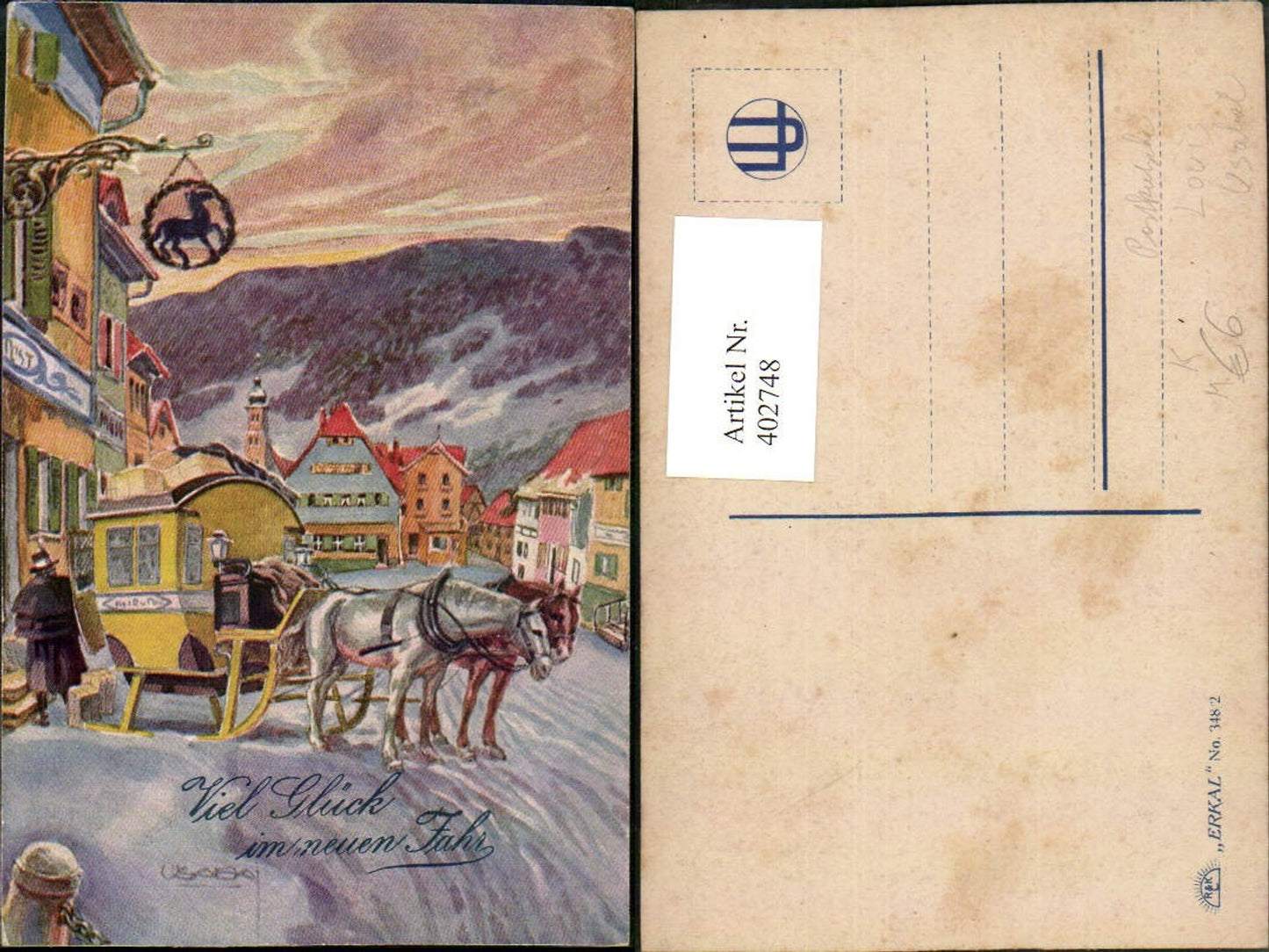 402748,Künstler AK Louis Usabal Neujahr Postkutsche Pferdeschlitten