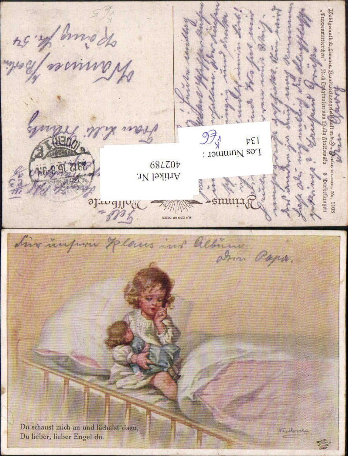 402789,Künstler AK Wally Fialkowska Kind Puppe Bett pub Primus 1108