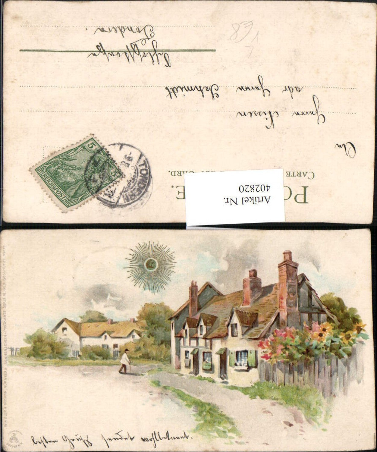 402820,Künstler Litho Winkler & Schorn 99115 Sonnenscheinkarte Häuser Sonne