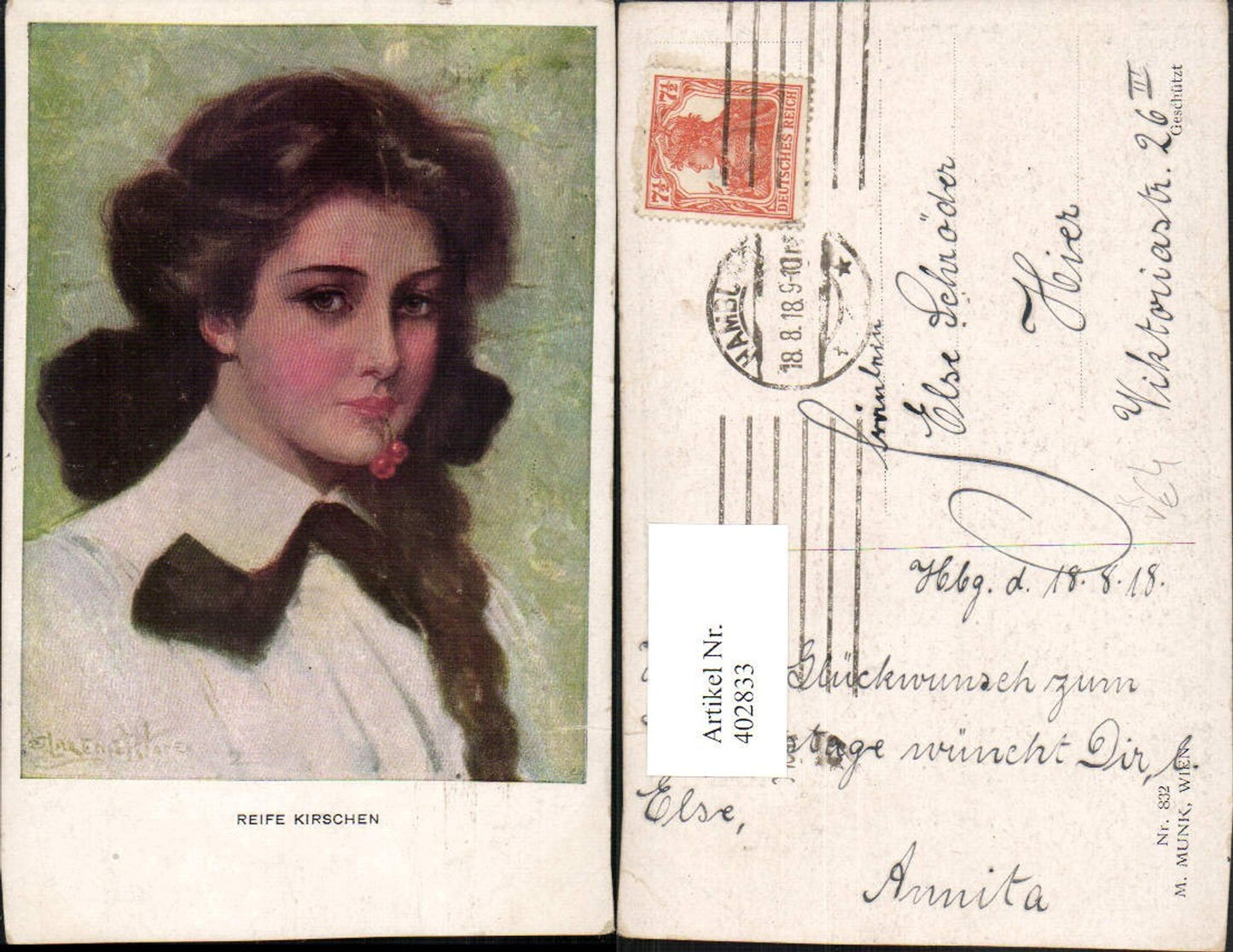 402833,M. Munk Vienne 832 Künstlerkarte Reife Kirschen Frau Portrait