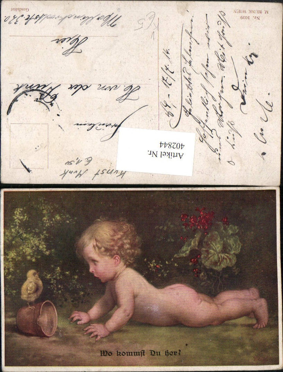 402844,M. Munk Vienne 1039 Künstlerkarte Nacktes Kind Küken Topf