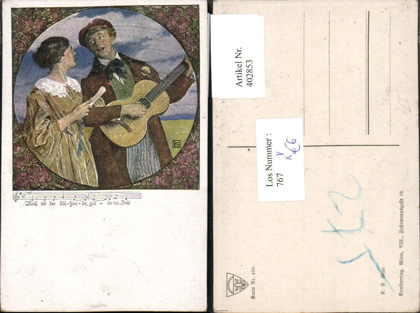 402853,Deutscher Schulverein 459 Künstlerkarte Studentika Student Gitarre Liebe Paar