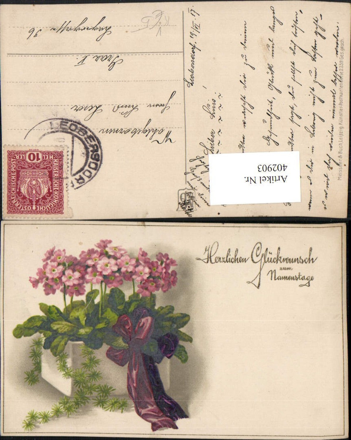 402903,Meissner & Buch 2259 Künstlerkarte Namenstag Blumen Schleife