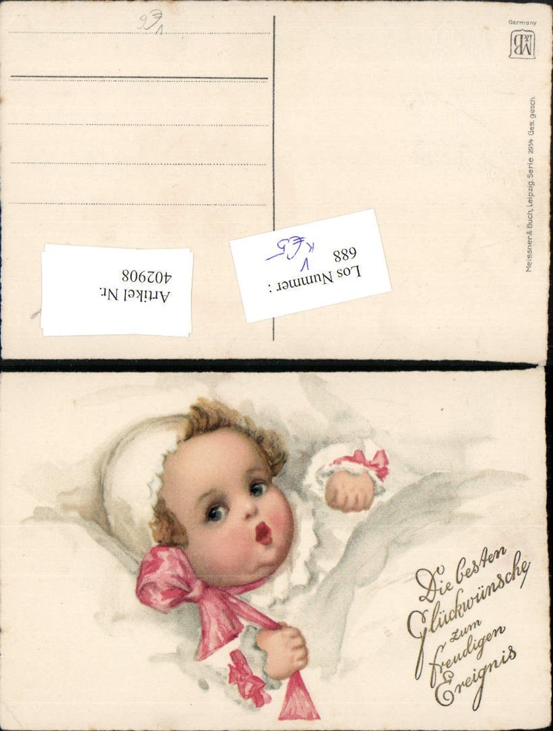 402908,Meissner & Buch 2954 Künstlerkarte Glückwunsch Geburt Kind Schleife