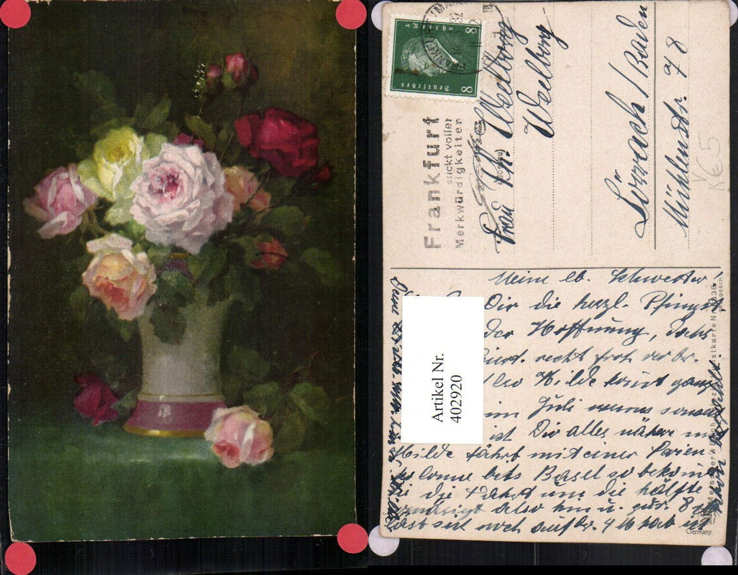 402920,Meissner & Buch Künstlerkarte Rosenstrauß Rosen Vase