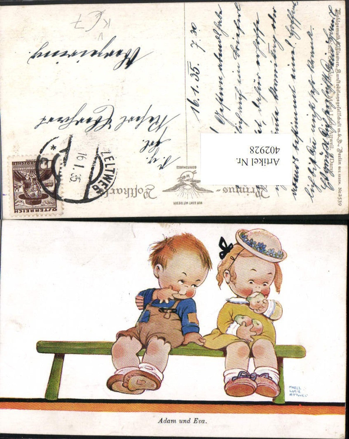 402928,Primus AK 2539 Künstler Mabel Lucie Attwell Adam und Eva Kinder Äpfel