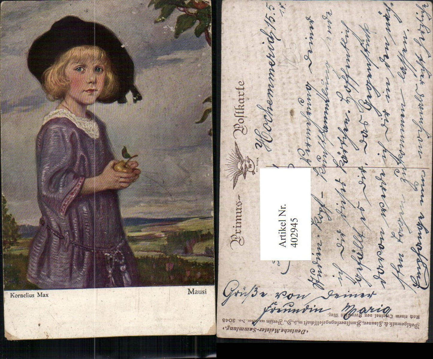 402945,Primus AK 3045 Künstler Kornelius Max Mausi Kind m. Hut Apfel Portrait