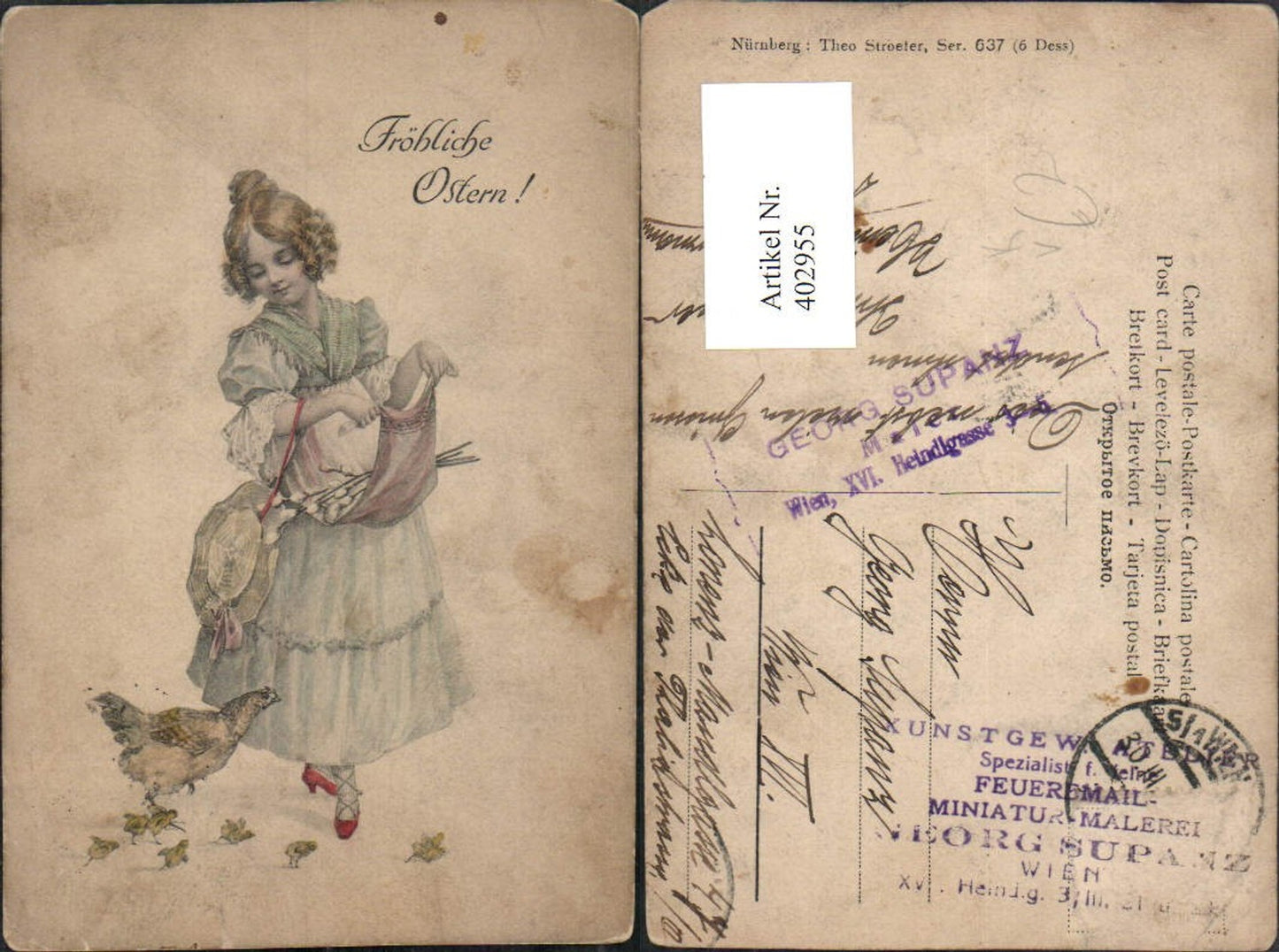 402955,Theo Stroefer 637 Künstlerkarte Ostern Mädchen m. Kleid Schürze Küken Huhn