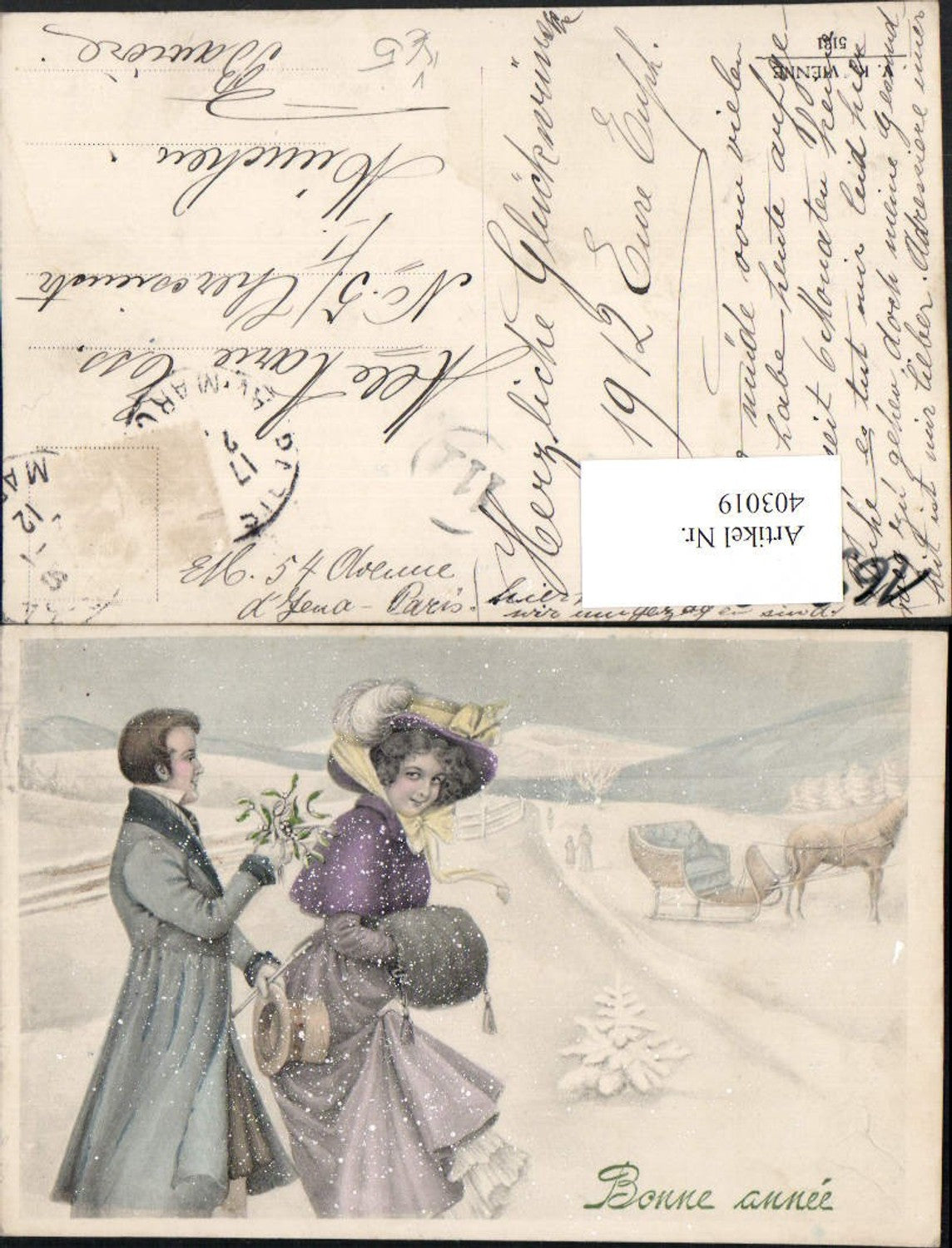 403019,V.K. Vienne 5131 Künstlerkarte Liebe Frau m. Hut Muff Pferdeschlitten