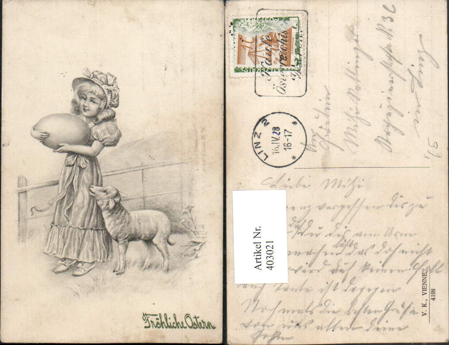 403021,V.K. Vienne 4198 Künstlerkarte Ostern Mädchen m. Ei Lamm Schaf