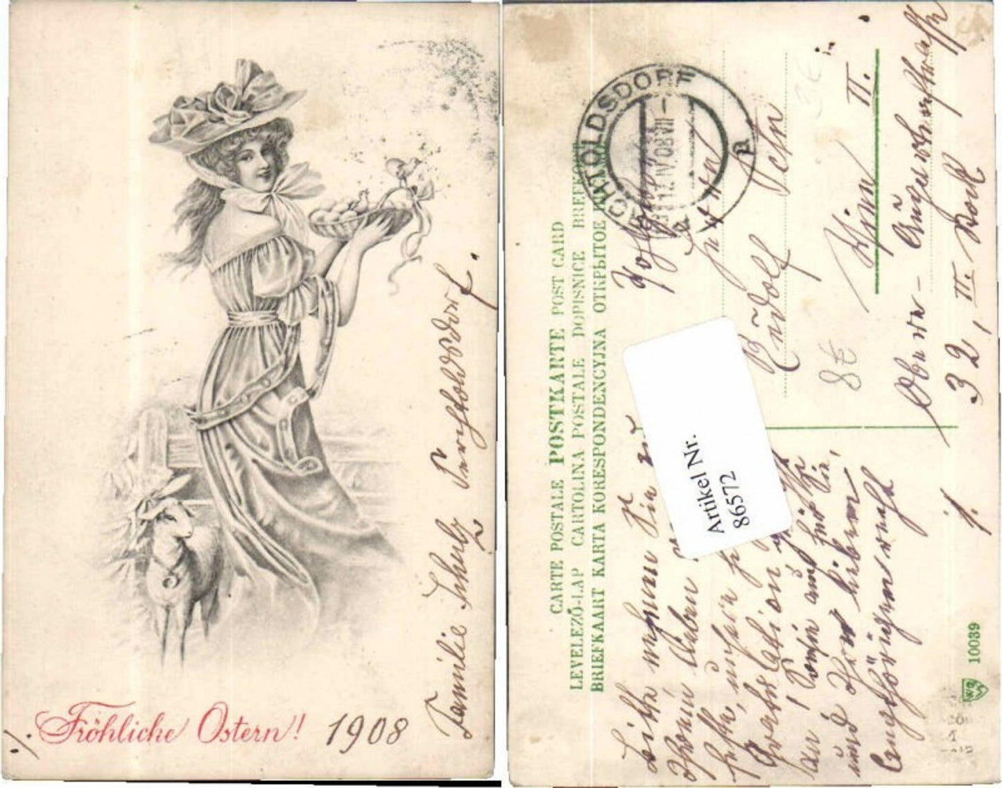 86572,Jugendstil Ostern Frau Hut Schaf Vienne Stil Art Deco