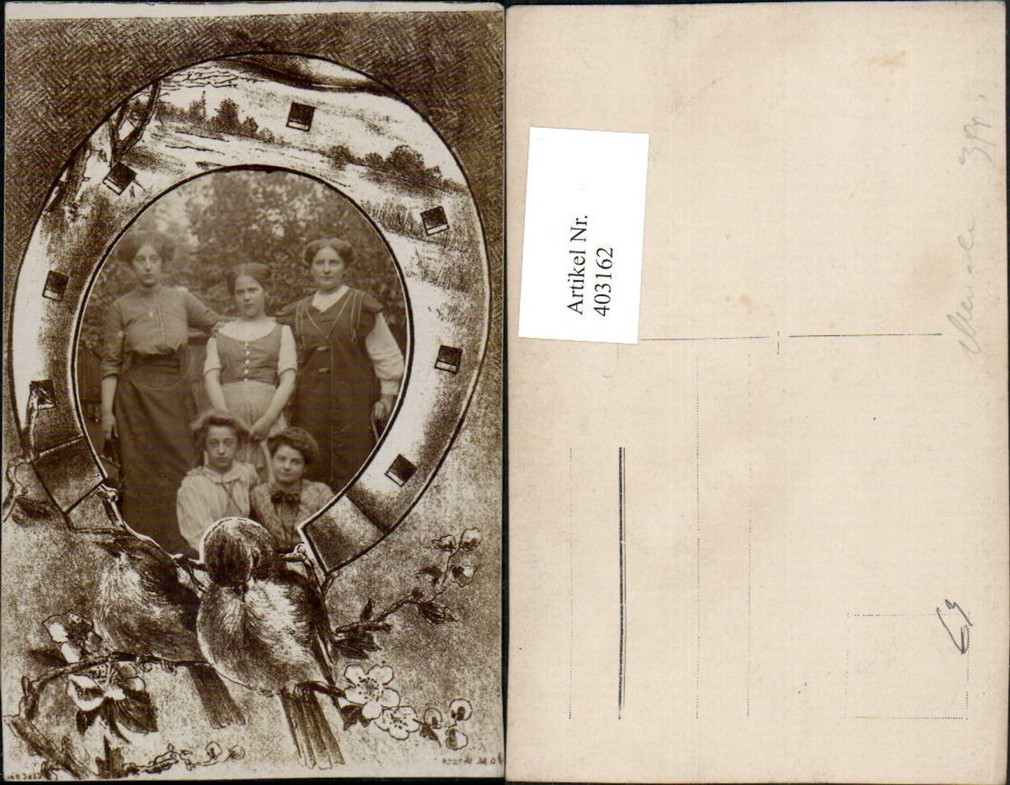 403162,Künstler AK Fotomontage Hufeisen Vögel Blütenzweige Frauen Gruppenbild