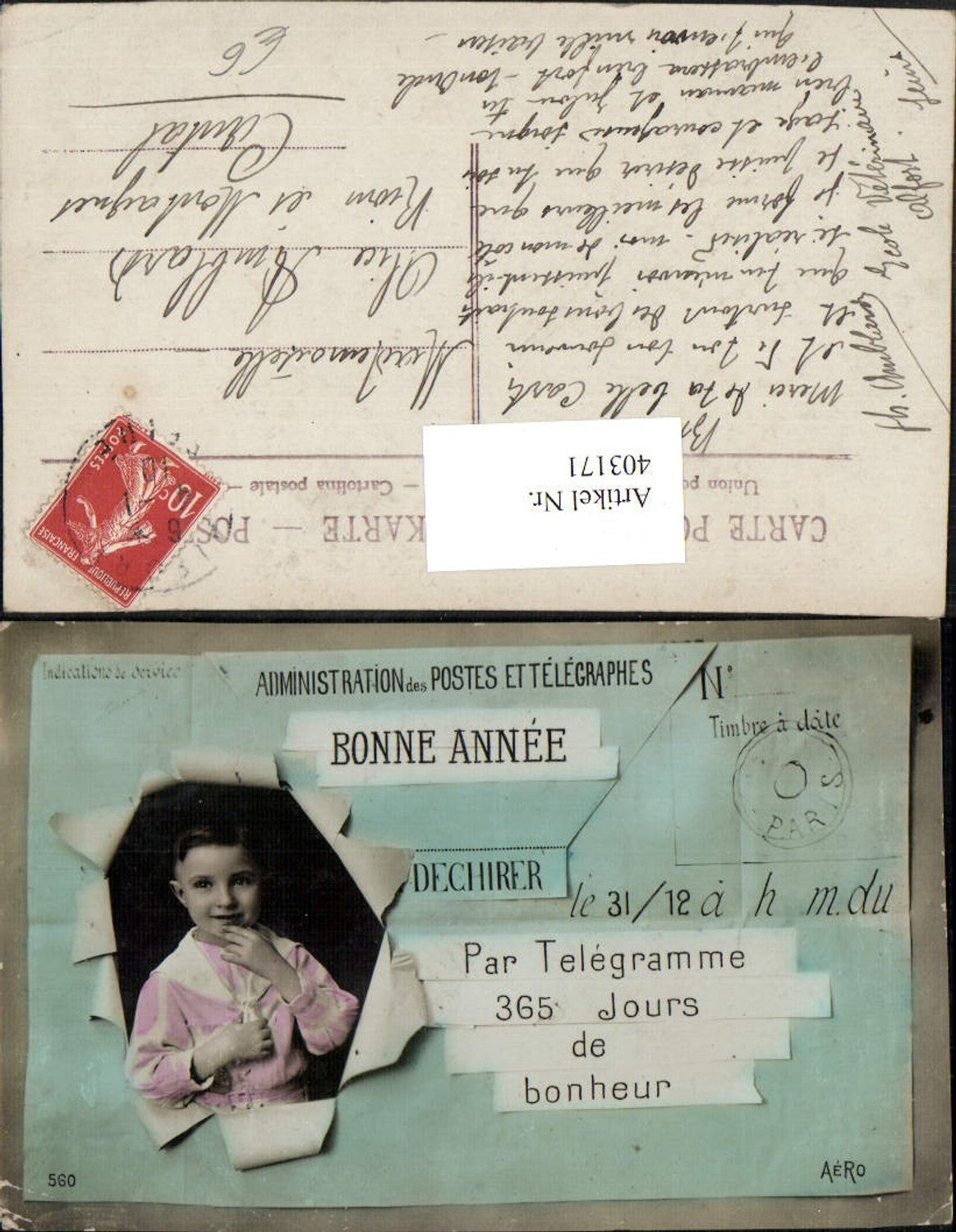 403171,Fotomontage Kind Bub Junge Zerrissenes Papier Telgramm