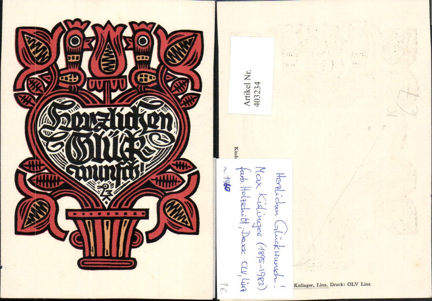 403234,Künstler AK M. Kislinger Holzschnitt Glückwunsch Ornamente Herz