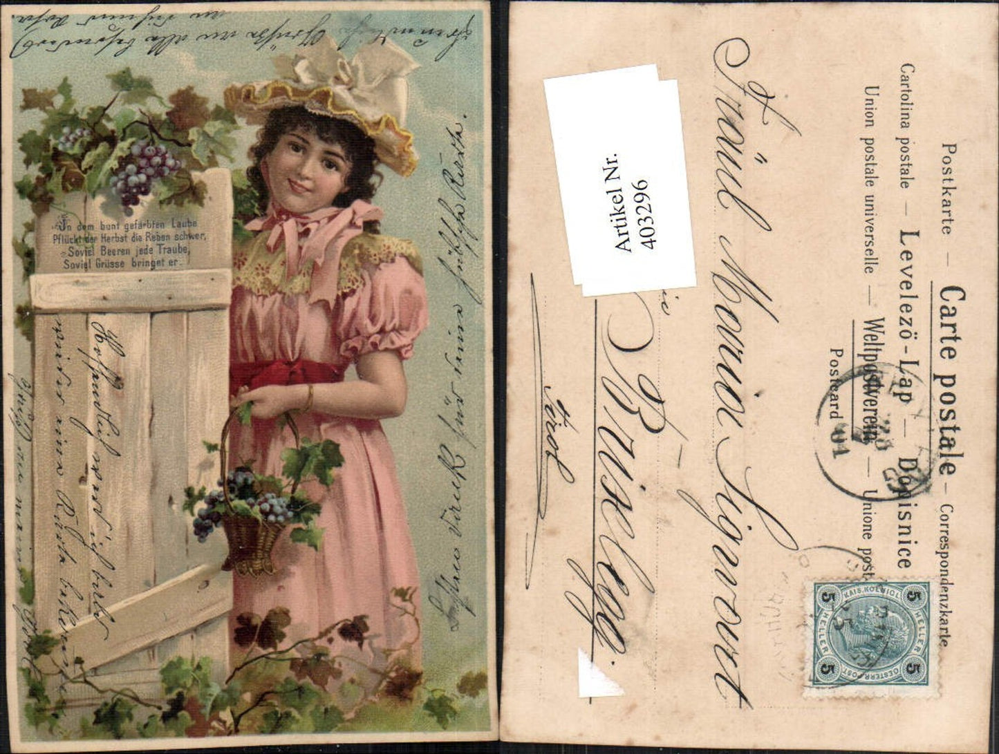 403296,Künstler AK Frau m. Kleid Hut Korb Trauben Weintrauben