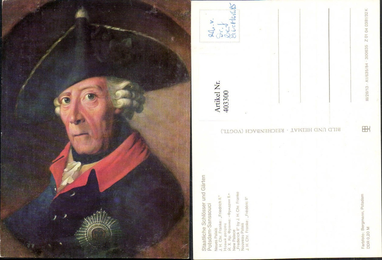 403300,Künstler AK J. H. Chr. Franke Friedrich II Mann m. Hut Portrait pub VEB