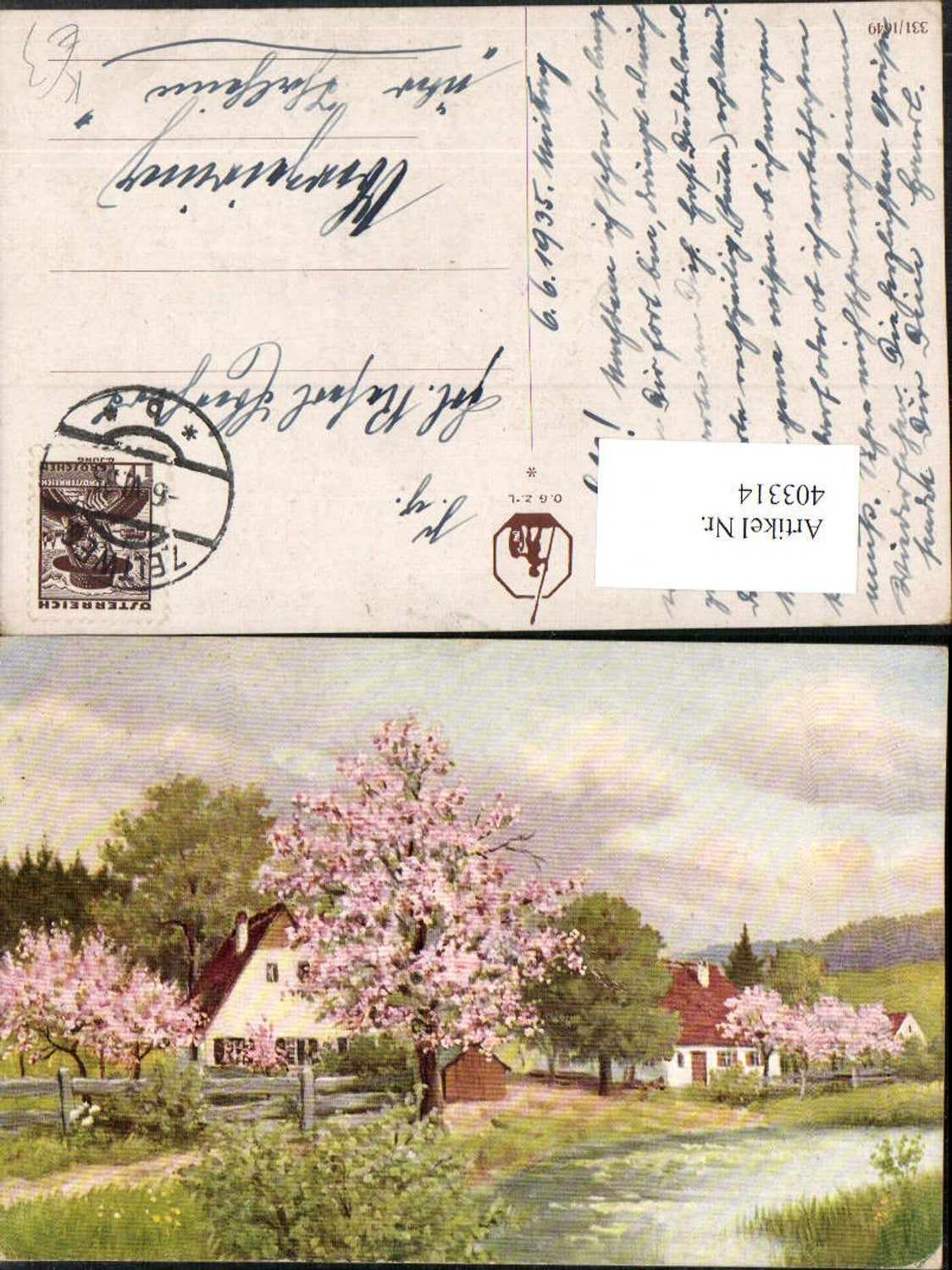 403314, Artist AK Landscape Houses Tree Blossom