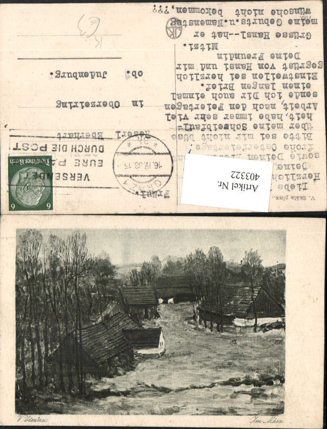 403322,Künstler AK V. Skala Im März Landschaft Häuser