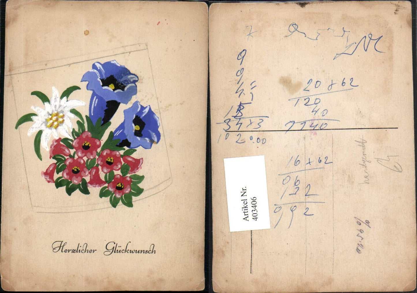 403406,Künstler AK Handgemalt Glückwunsch Blumen Edelweiß Enzian