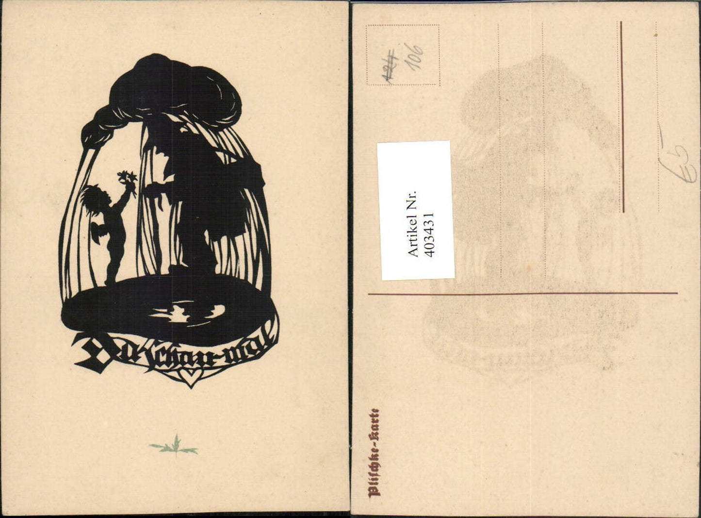 403431,Künstler AK Scherenschnitt Silhouette Plischke Mann Engel Blumen