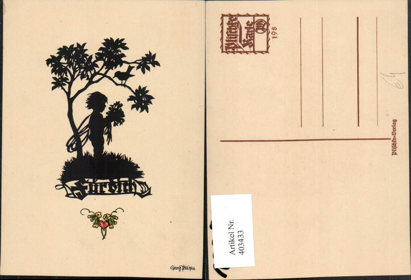 403433,Künstler AK Scherenschnitt Silhouette Georg Plischke Feenkind Blumen Vogel