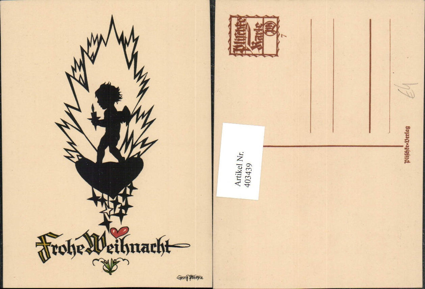 403439,Künstler AK Scherenschnitt Silhouette Georg Plischke Weihnachten Engel Kerze