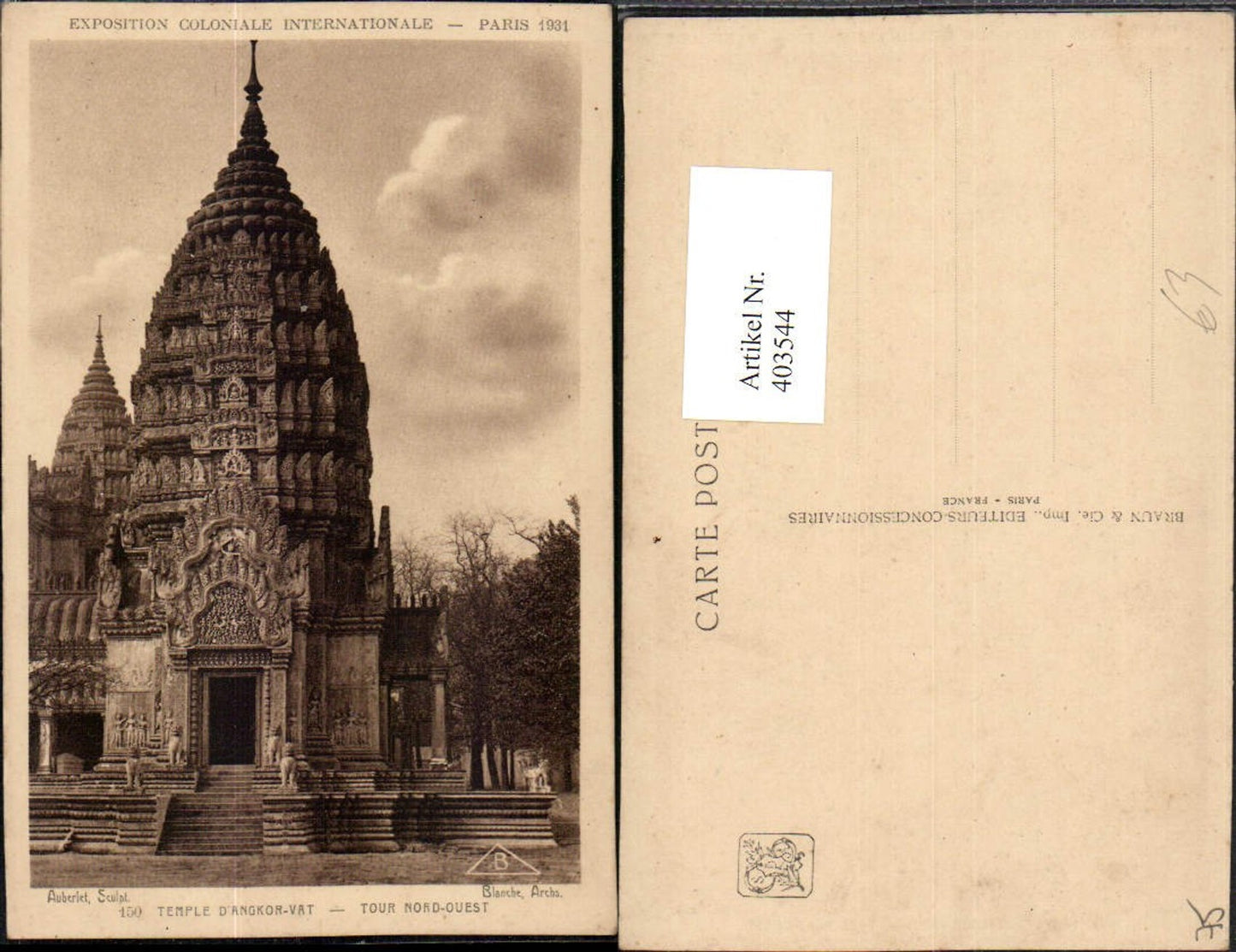 403544,Ile-de-France Paris Exposition Coloniale Internationale 1931 Temple Angor-Vat Tour Tempel