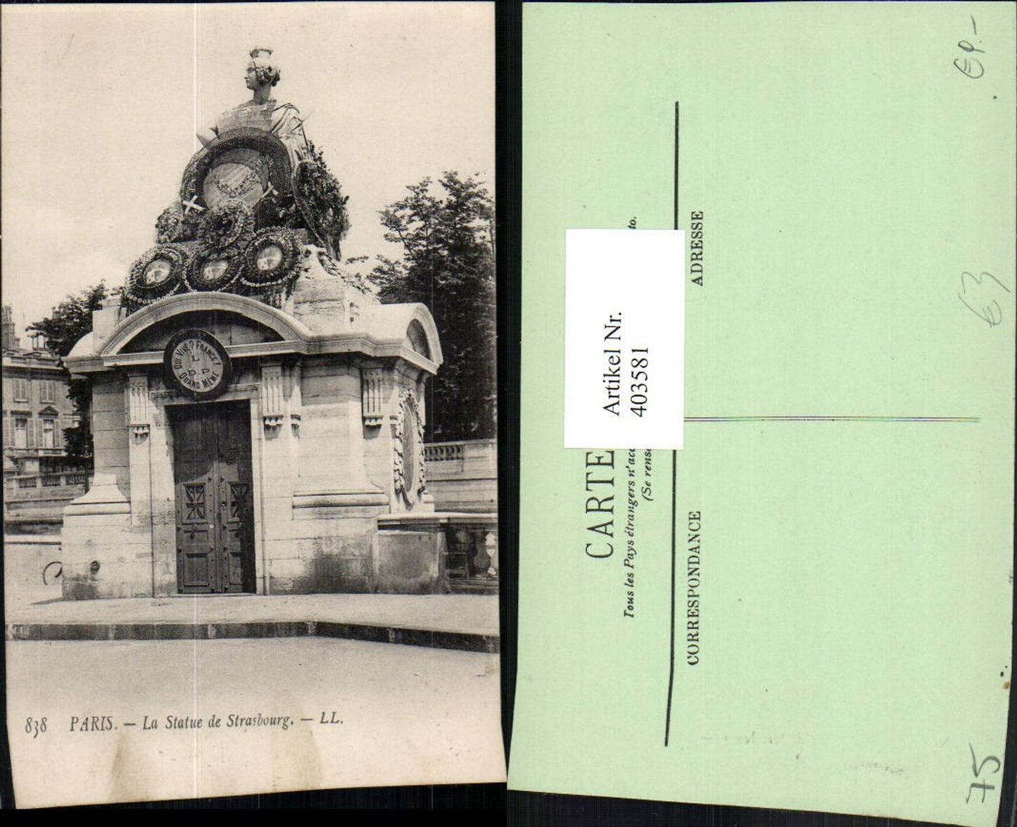403581,Ile-de-France Paris La Statue de Strasbourg Monument