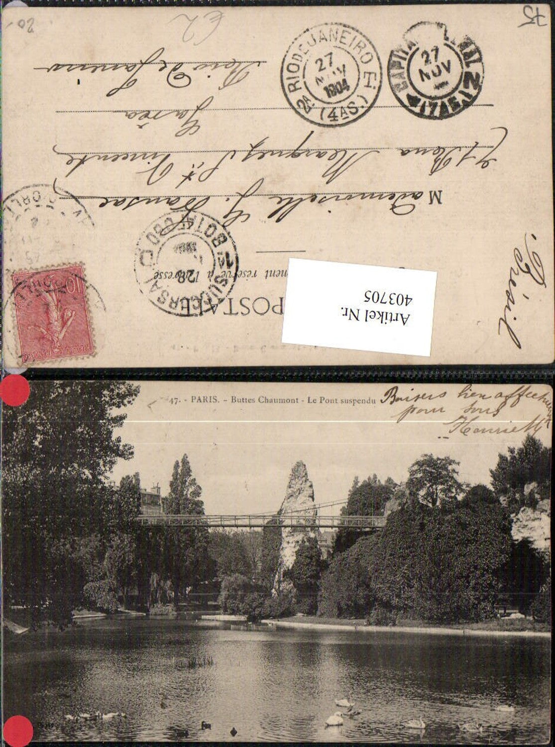 403705,Ile-de-France Paris Buttes Chaumont Le Pont suspendu Brücke Teich