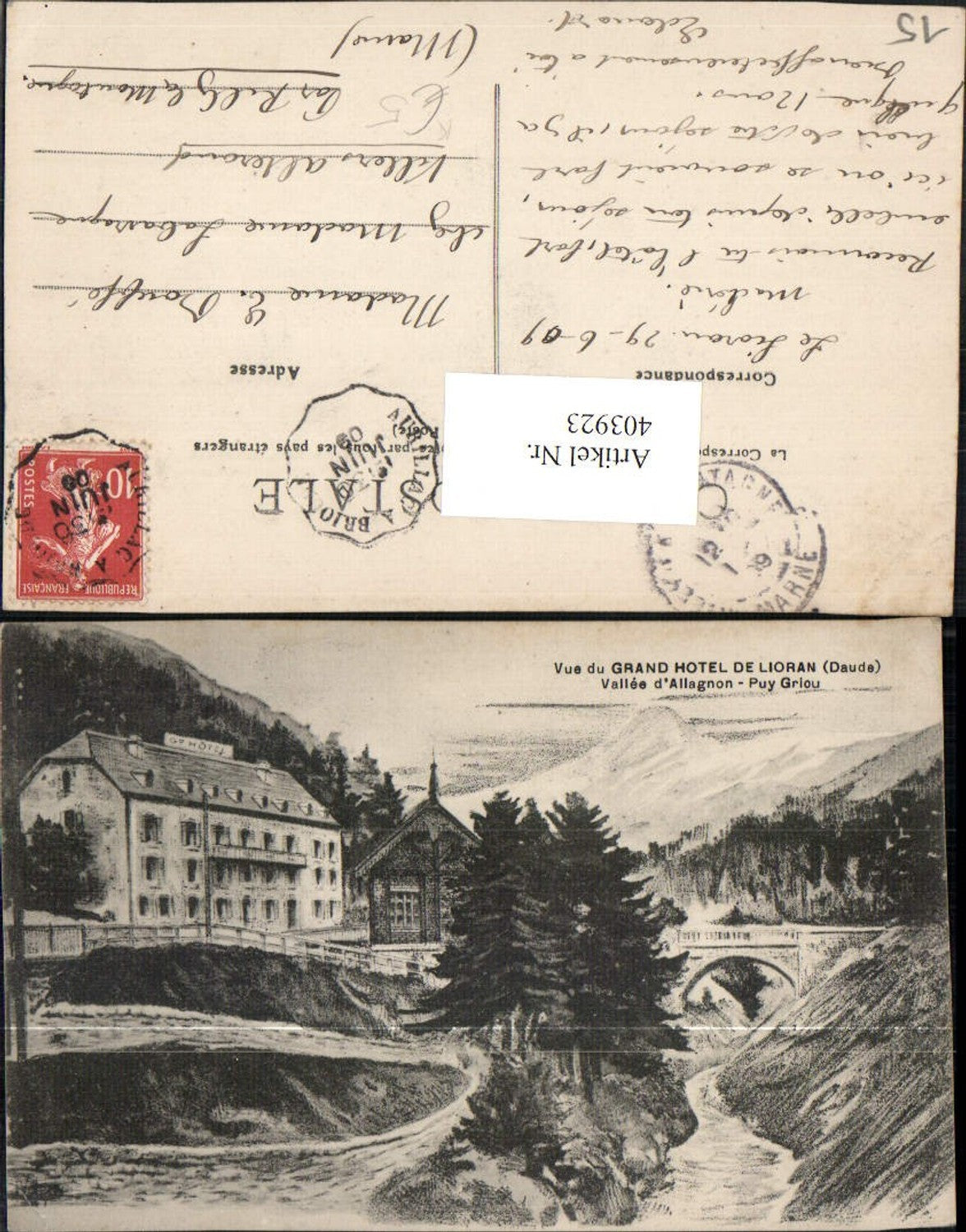 403923,Künstler AK Auvergne Cantal Vallee Allagnon Grand Hotel de Lioran Puy Griou Brücke
