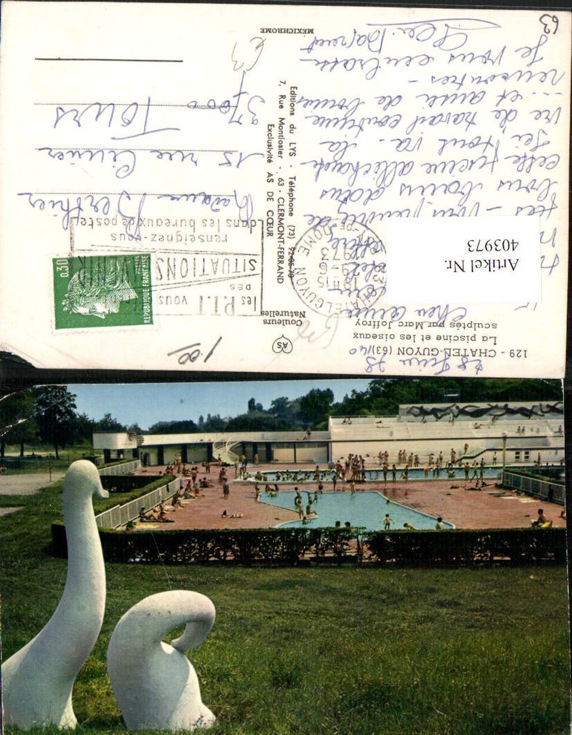 403973,Auvergne Puy-de-Dome Chatel-Guyon La piscine et les oiseaux sculptes Freibad