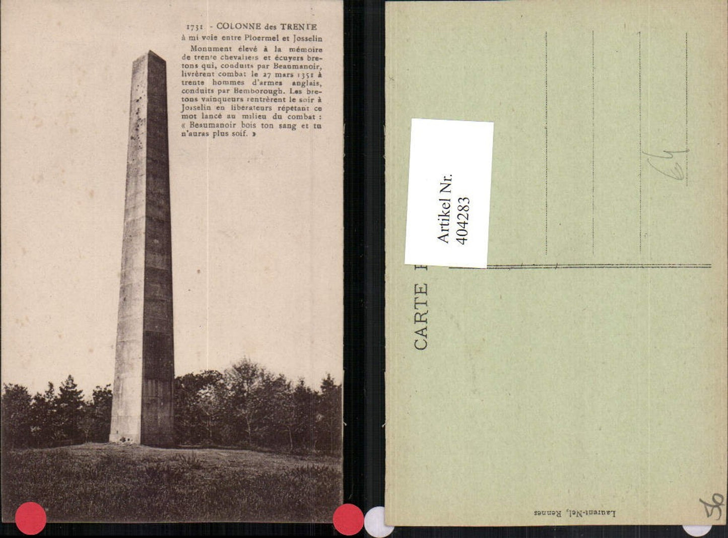 404283,Bretagne Morbihan Colonne des Trente Obelisk Säule