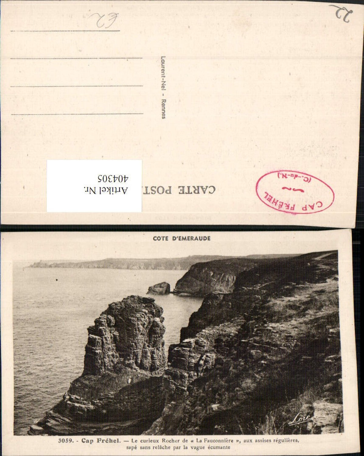 404305,Bretagne Cote-Amor Cap Frehel Le curieux Rocher de La Fauconniere Steilküste Felsen