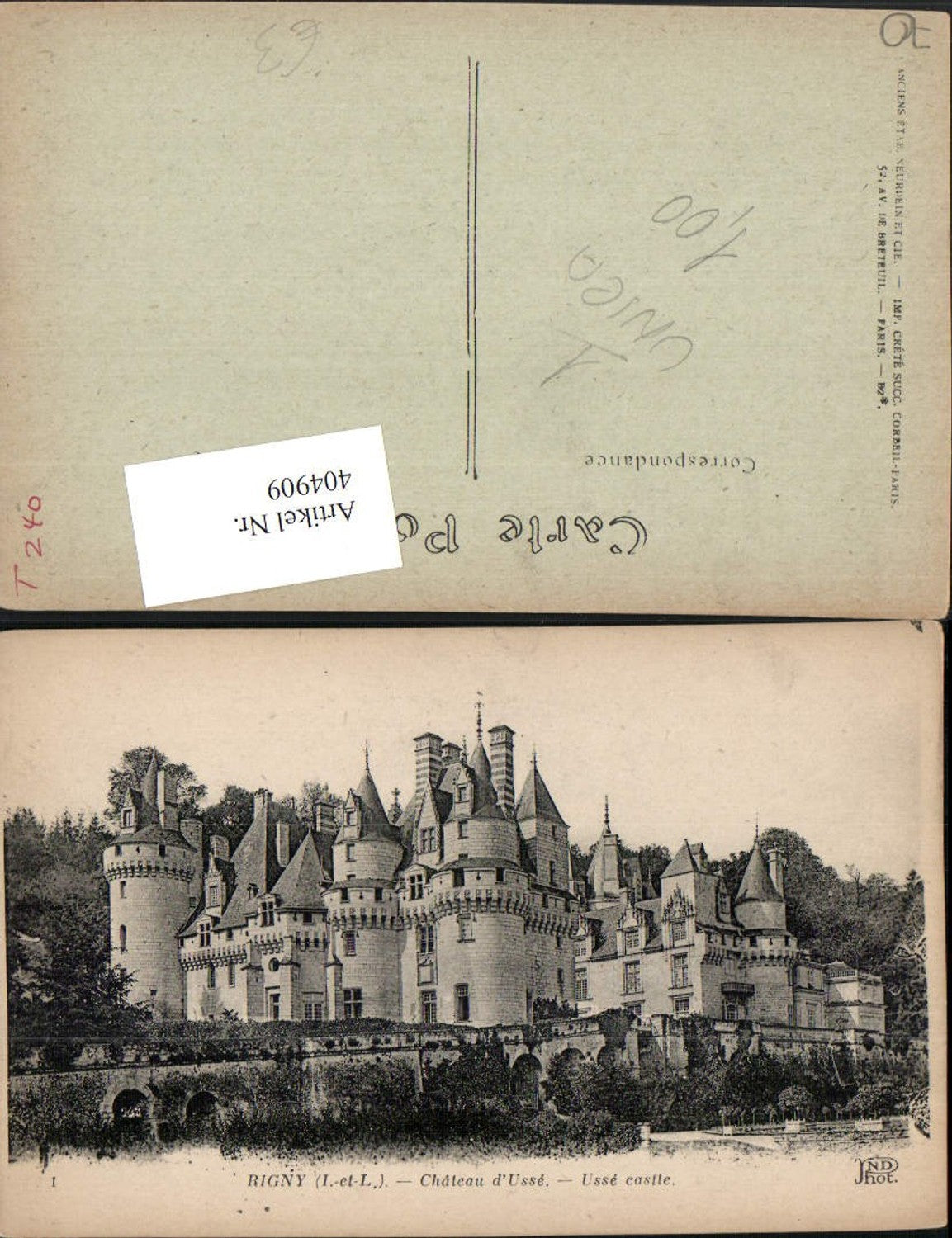 404909,Centre Indre-et-Loire Rigny Chateau d'Usse Schloss