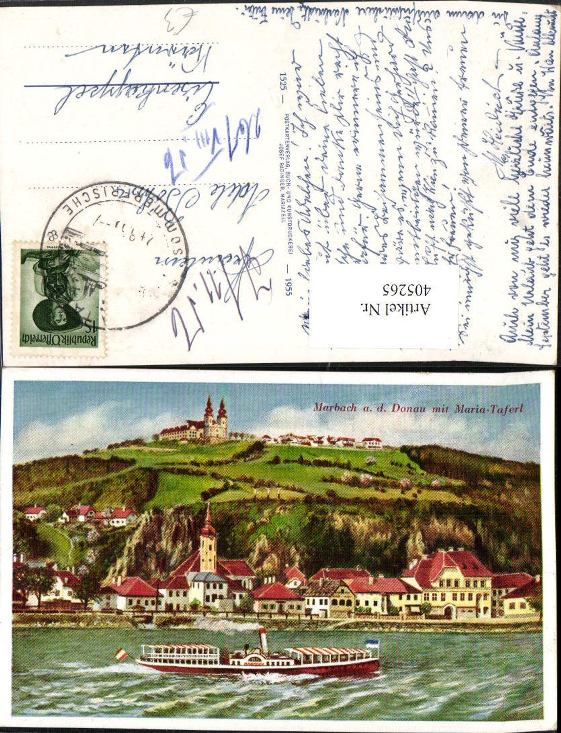 405265, Artist AK Marbach an der Donau Totale m. Maria Taferl Dampfer