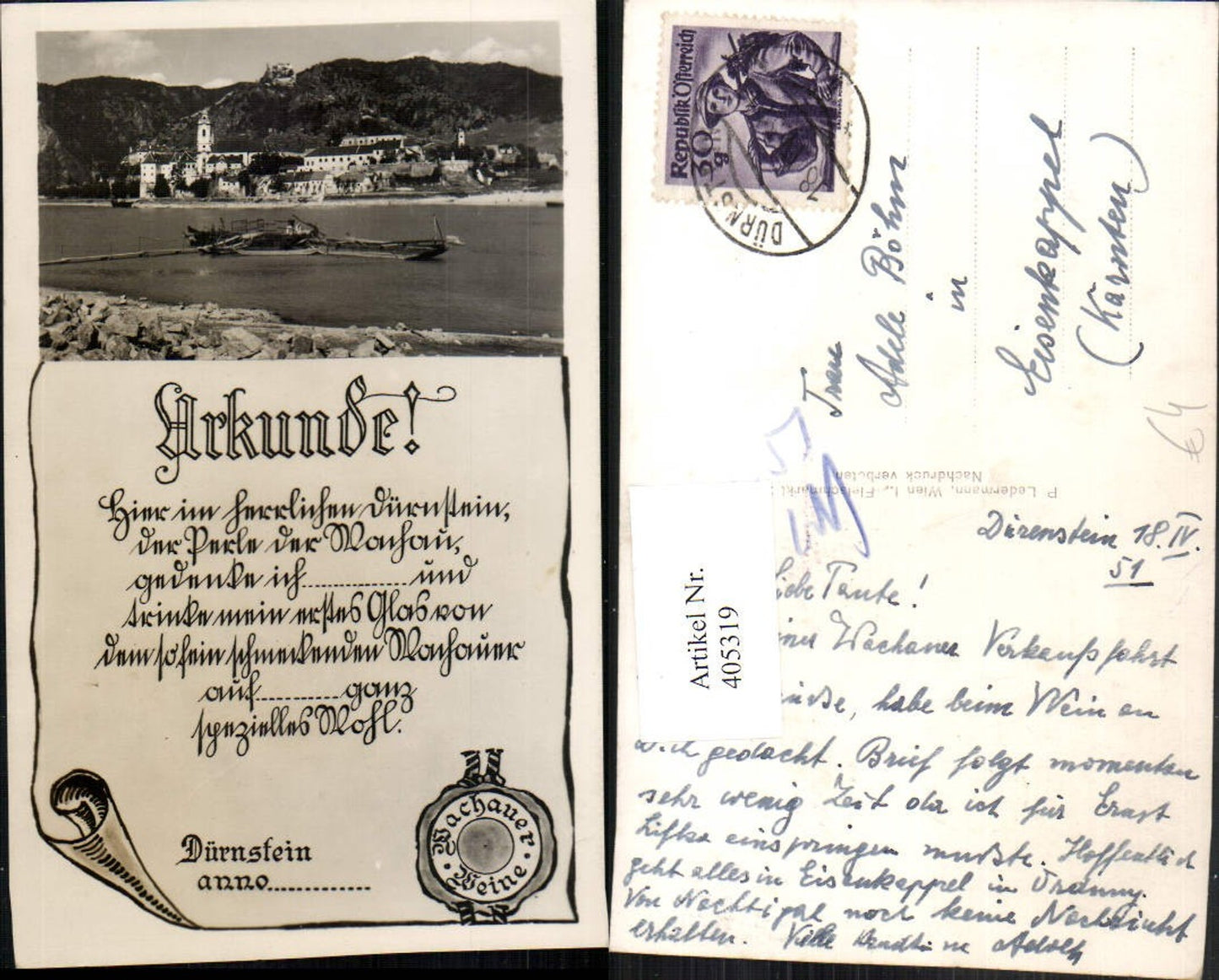 405319,Dürnstein an d. Donau Totale m. Ruine Urkunde