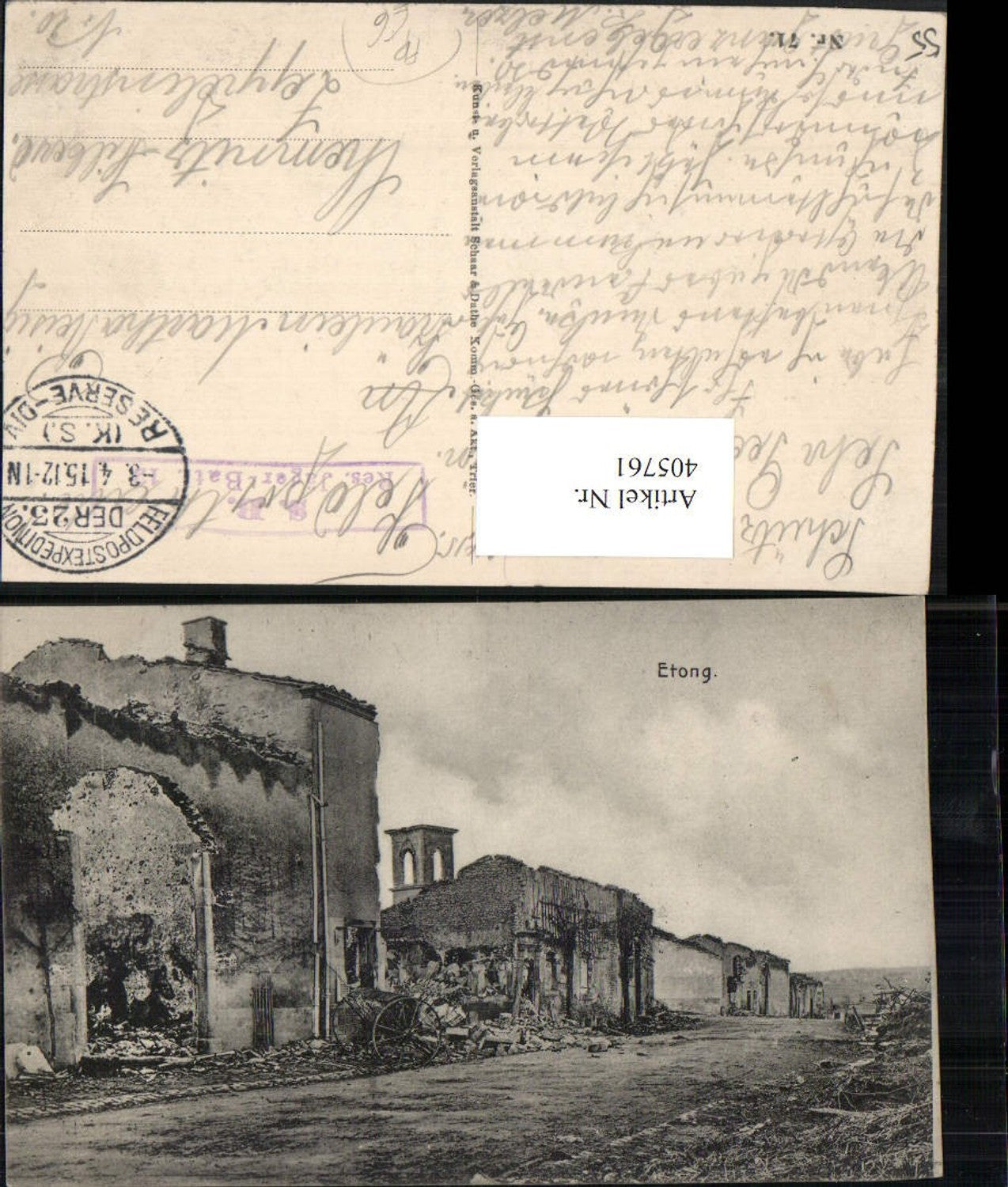405761,Lothringen Meuse Etong Zerstörte Häuser Feldpost Res. Jäger-Bataillon 12