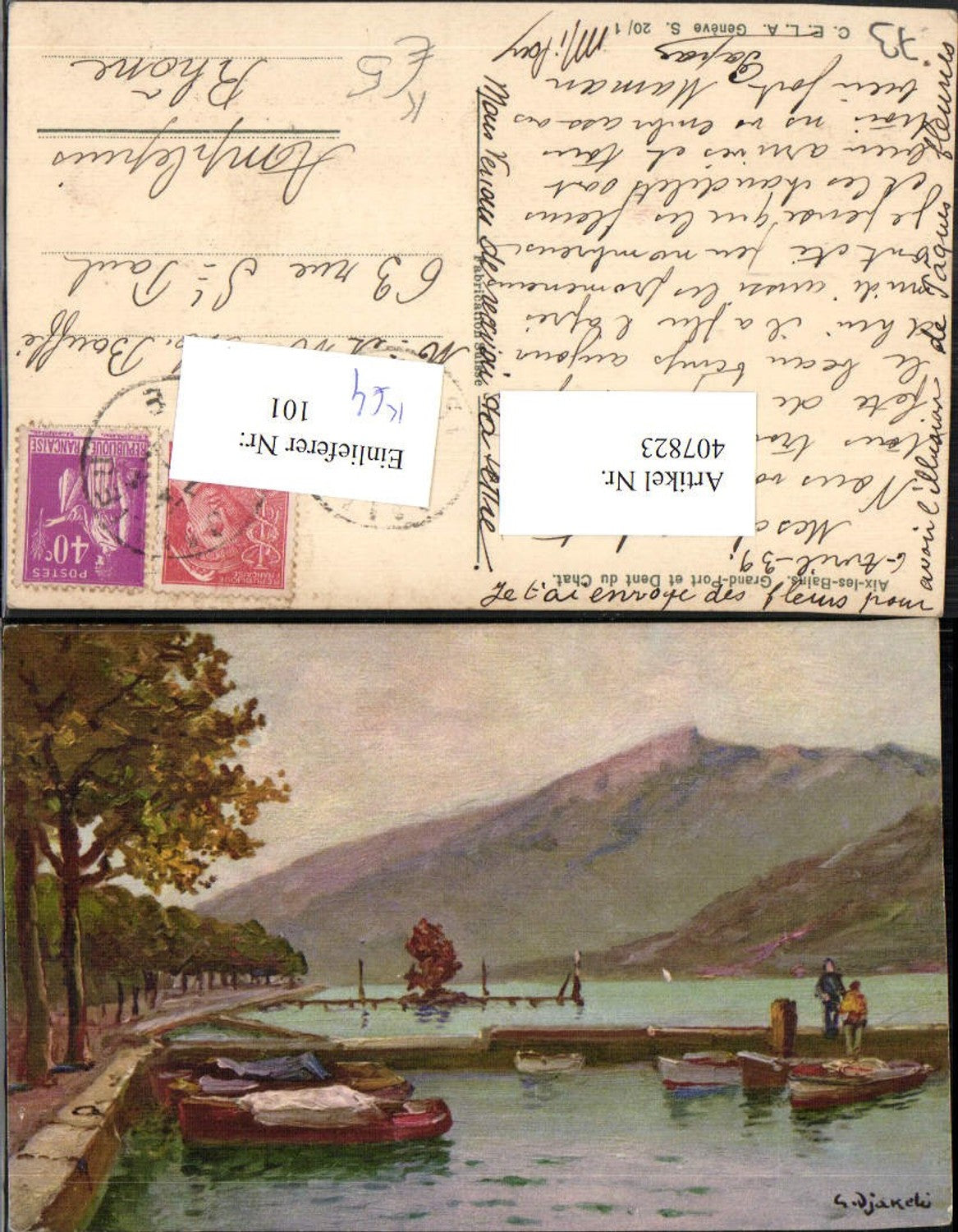 407823,Künstler AK Rhone-Alpes Savoie Aix-les-Bains Grand Port et Dent du Chat See Boote