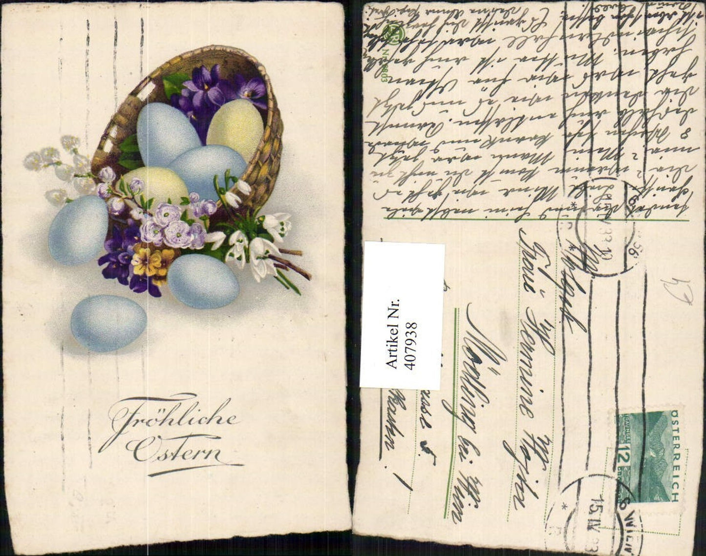 407938, Artist AK Easter Easter eggs Egg basket Flowers Violets