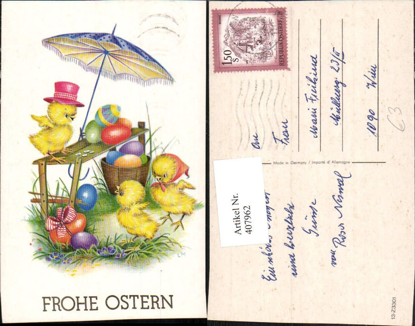 407962, Artist AK Easter chick anthropomorphized stand Easter eggs umbrella