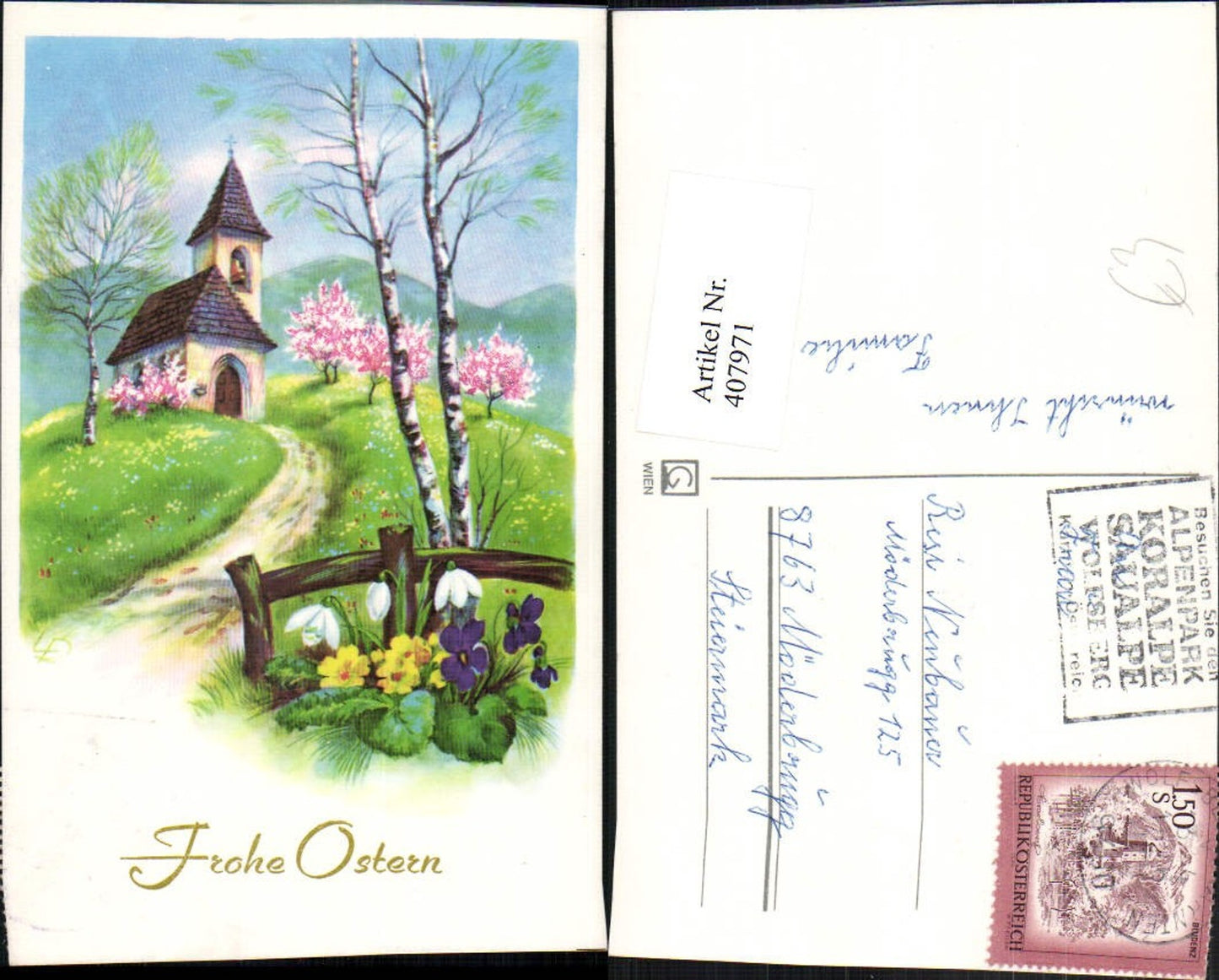 407971,Künstler AK Ostern Landschaft Kirche Blumen