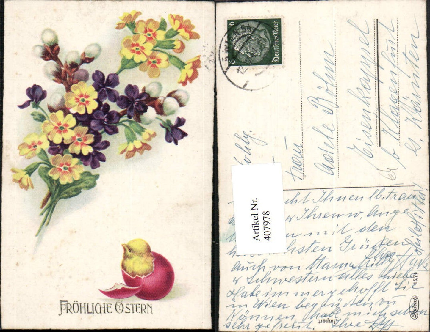407978,Künstler AK Ostern Blumen Schlüsselblume Veilchen Ei Küken
