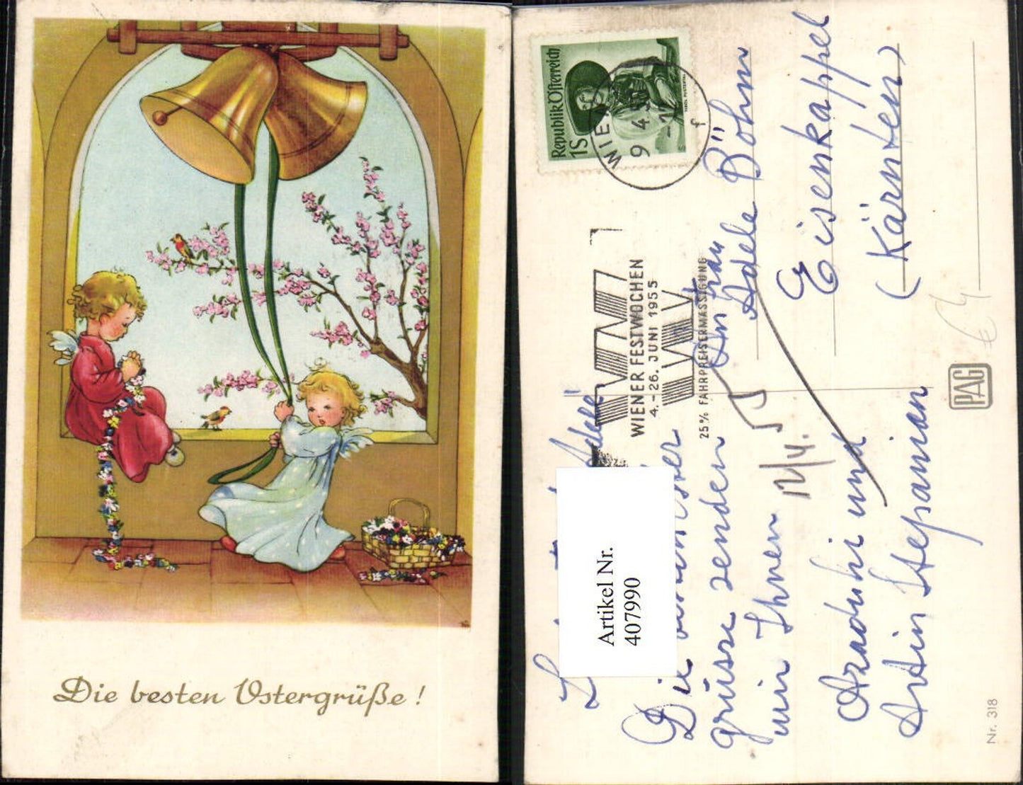 407990,Künstler AK Ostern Engeln Glocke läuten Blumen Girlande