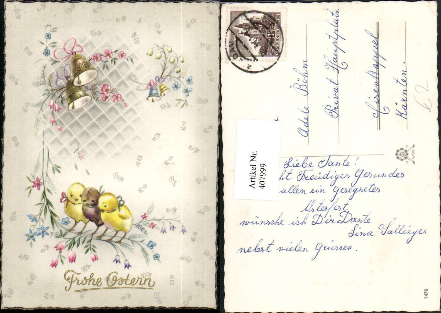 407999,Künstler AK Ostern Küken Glocken Blumen