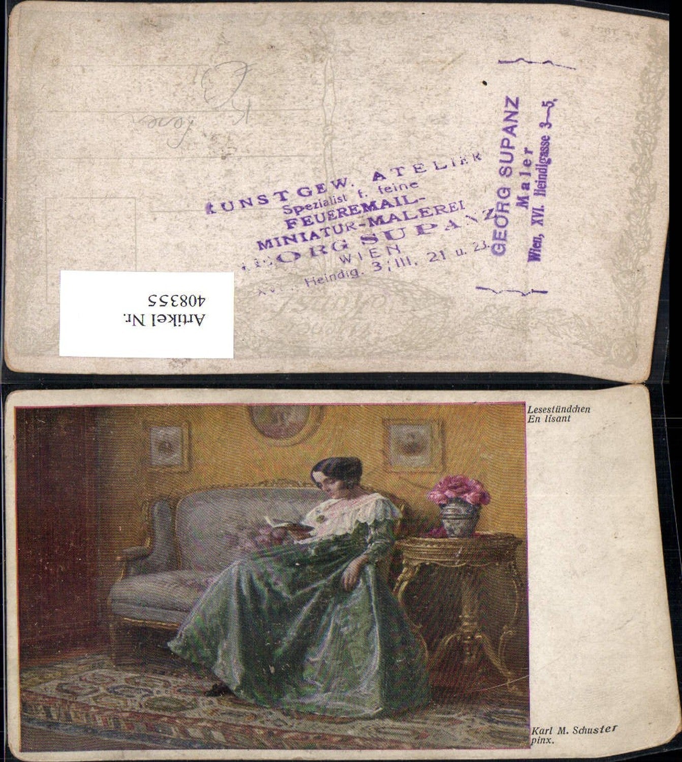 408355,Künstler Ak Karl M. Schuster Lesestündchen Frau liest Buch Lesen