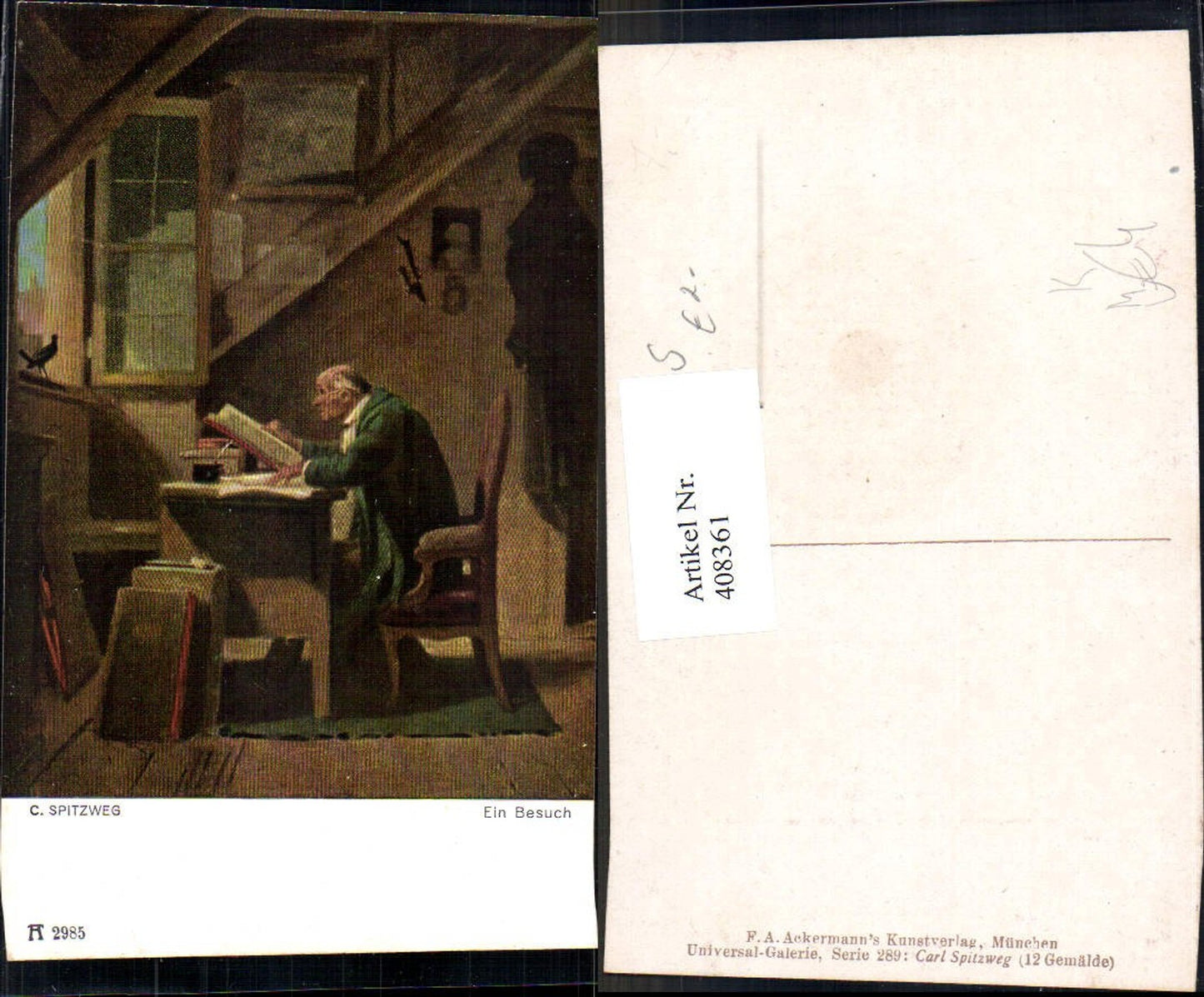 408361,Künstler Ak Carl Spitzweg Ein Besuch Alter Mann liest Buch Vogel Lesen pub F. A. Ackermann 289/2985