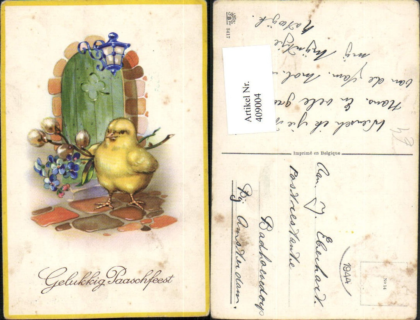 409004,Künstler AK Ostern Küken Tür Blumen Palmkätzchen
