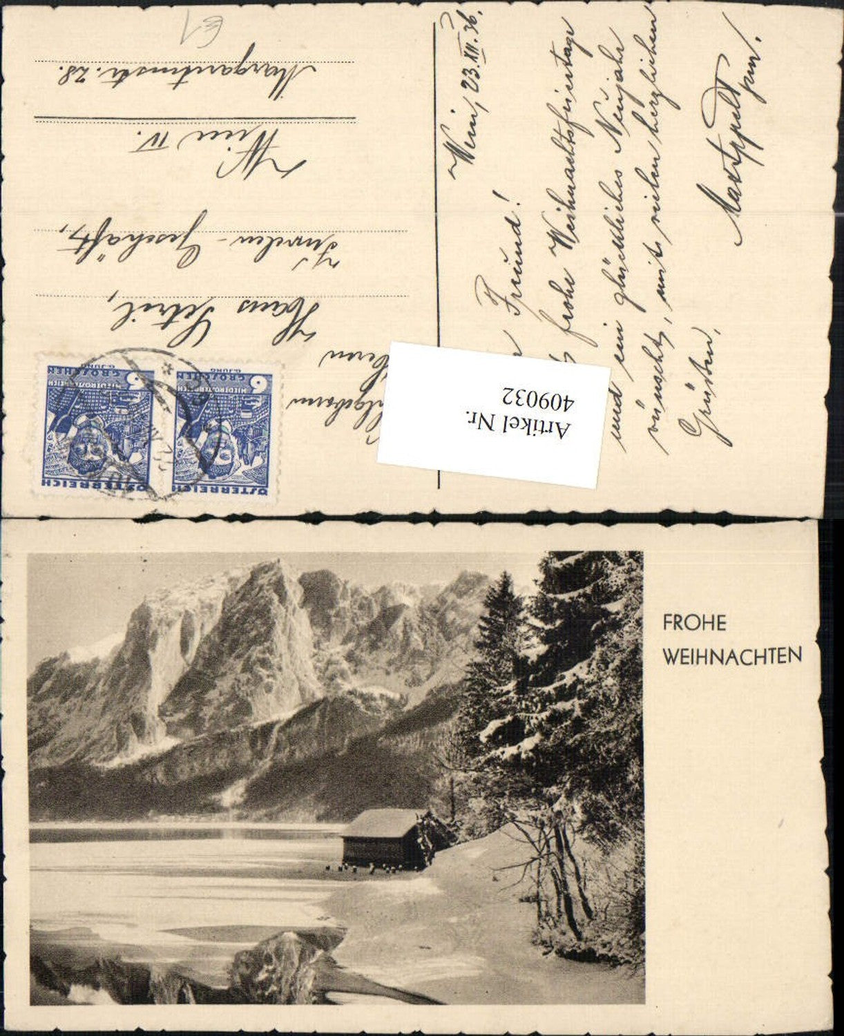 409032,Weihnachten Winterlandschaft See Hütte Bergkulisse