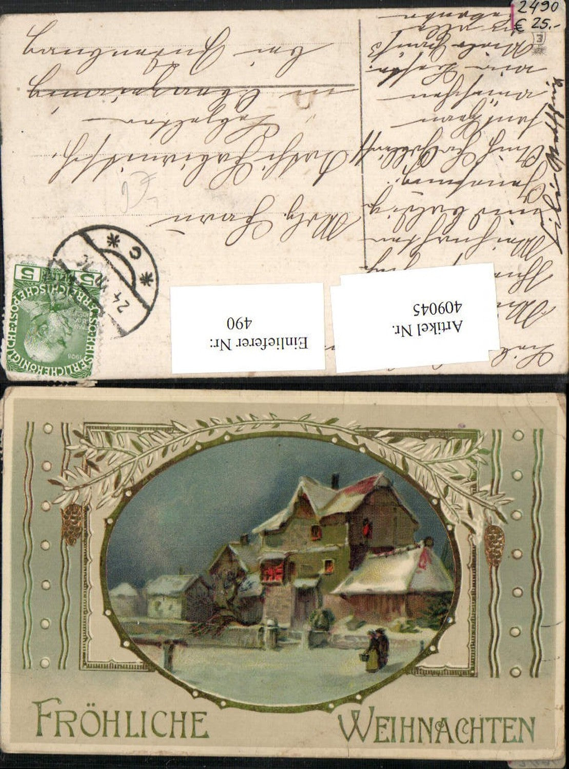 409045,Künstler Litho Weihnachten Haus Winterbild Passepartout